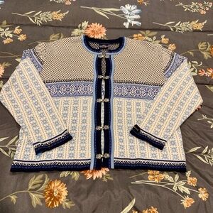 Skjaeveland Norway Fair Isle 100% Cotton Cardigan Sweater Sz S NEEDS REPAIR
